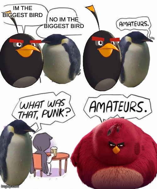 im the biggest bird | IM THE BIGGEST BIRD; NO IM THE BIGGEST BIRD | image tagged in amateurs comic meme,birds | made w/ Imgflip meme maker