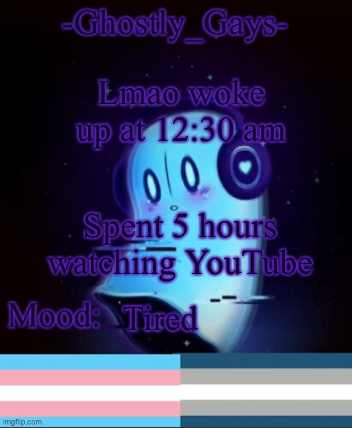 Lmao woke up at 12:30 am; Spent 5 hours watching YouTube; Tired | image tagged in napstablook ghostly gays temp | made w/ Imgflip meme maker