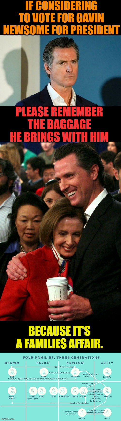 Don't Forget How Badly Nancy Pelosi Wanted To Be President When She Was Speaker Of The House | IF CONSIDERING TO VOTE FOR GAVIN NEWSOME FOR PRESIDENT; PLEASE REMEMBER THE BAGGAGE HE BRINGS WITH HIM; BECAUSE IT'S A FAMILIES AFFAIR. | image tagged in memes,politics,gavin,president,nancy pelosi,baggage | made w/ Imgflip meme maker
