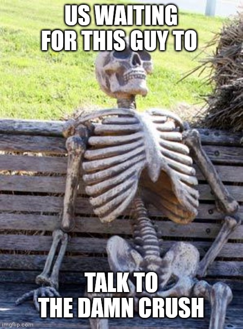 US WAITING FOR THIS GUY TO TALK TO THE DAMN CRUSH | image tagged in memes,waiting skeleton | made w/ Imgflip meme maker