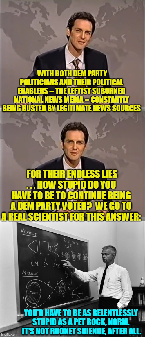 What can I say?  It's low hanging fruit day. | WITH BOTH DEM PARTY POLITICIANS AND THEIR POLITICAL ENABLERS -- THE LEFTIST SUBORNED NATIONAL NEWS MEDIA -- CONSTANTLY BEING BUSTED BY LEGITIMATE NEWS SOURCES; FOR THEIR ENDLESS LIES . . . HOW STUPID DO YOU HAVE TO BE TO CONTINUE BEING A DEM PARTY VOTER?  WE GO TO A REAL SCIENTIST FOR THIS ANSWER:; YOU'D HAVE TO BE AS RELENTLESSLY STUPID AS A PET ROCK, NORM.  IT'S NOT ROCKET SCIENCE, AFTER ALL. | image tagged in rocket science | made w/ Imgflip meme maker