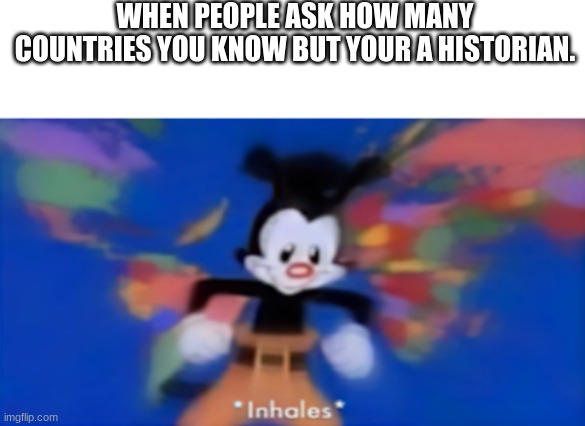 country | WHEN PEOPLE ASK HOW MANY COUNTRIES YOU KNOW BUT YOUR A HISTORIAN. | image tagged in yakko inhale | made w/ Imgflip meme maker