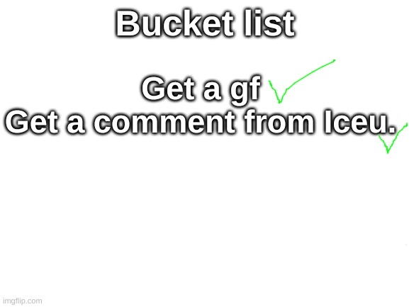 I talked to her and then read my comments | Bucket list; Get a gf
Get a comment from Iceu. | image tagged in blank white template | made w/ Imgflip meme maker