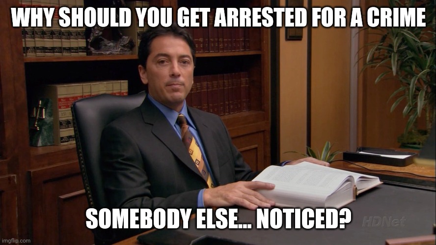 Bob Loblaw | WHY SHOULD YOU GET ARRESTED FOR A CRIME SOMEBODY ELSE... NOTICED? | image tagged in bob loblaw | made w/ Imgflip meme maker