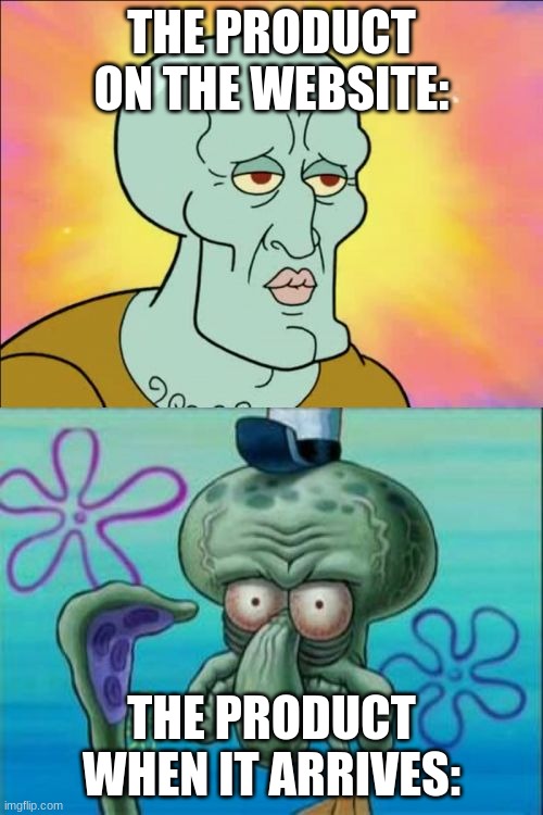 Squidward Meme | THE PRODUCT ON THE WEBSITE:; THE PRODUCT WHEN IT ARRIVES: | image tagged in memes,squidward | made w/ Imgflip meme maker