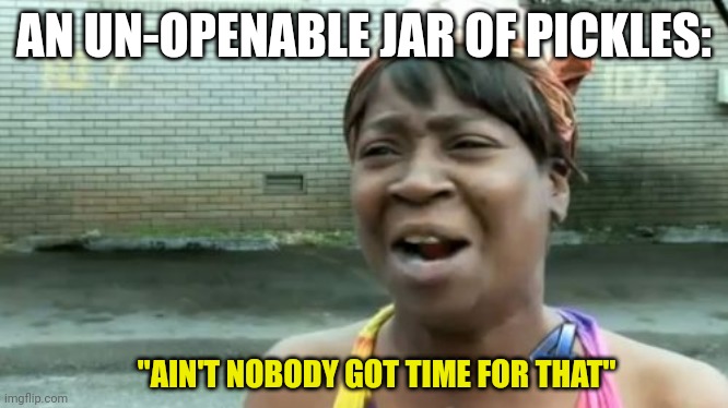 When I see an un-openable jar of pickles | AN UN-OPENABLE JAR OF PICKLES:; "AIN'T NOBODY GOT TIME FOR THAT" | image tagged in memes,ain't nobody got time for that | made w/ Imgflip meme maker
