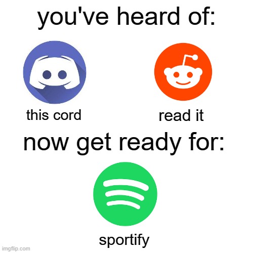get ready | you've heard of:; now get ready for:; read it; this cord; sportify | image tagged in memes,blank transparent square,funny | made w/ Imgflip meme maker