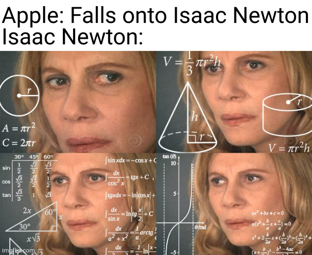 gravity | Apple: Falls onto Isaac Newton
Isaac Newton: | image tagged in calculating meme,isaac newton,sir isaac newton,gravity,apple,newton | made w/ Imgflip meme maker