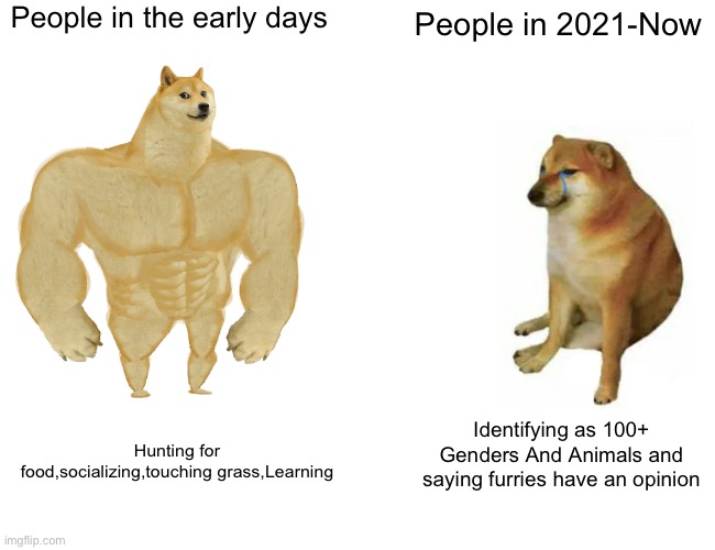 same | People in the early days; People in 2021-Now; Identifying as 100+ Genders And Animals and saying furries have an opinion; Hunting for food,socializing,touching grass,Learning | image tagged in memes,buff doge vs cheems,chadvsnochad | made w/ Imgflip meme maker
