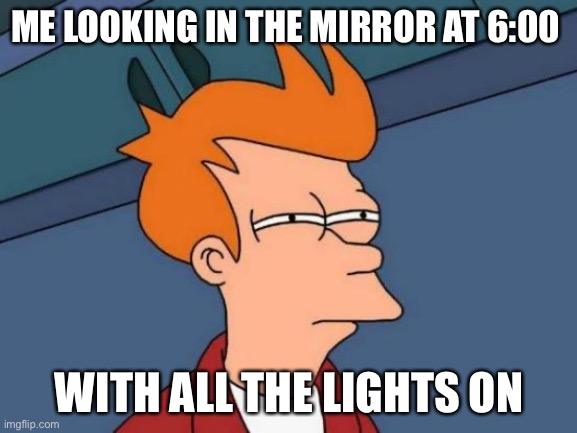 Futurama Fry Meme | ME LOOKING IN THE MIRROR AT 6:00; WITH ALL THE LIGHTS ON | image tagged in memes,futurama fry | made w/ Imgflip meme maker