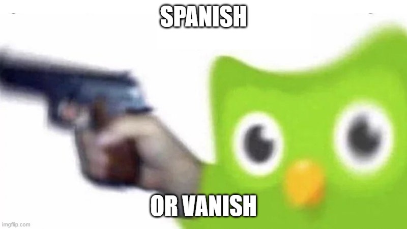 Insert title so good that people will like it more than the meme here. | SPANISH; OR VANISH | image tagged in duolingo gun | made w/ Imgflip meme maker