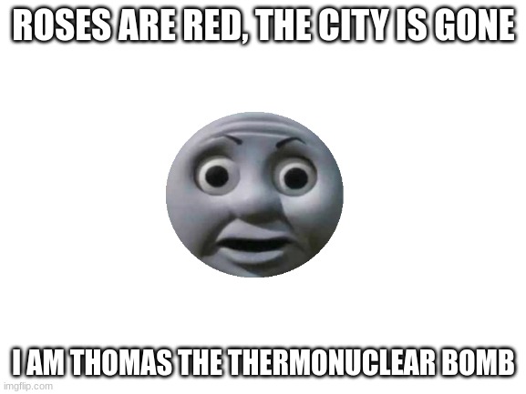 Blank White Template | ROSES ARE RED, THE CITY IS GONE; I AM THOMAS THE THERMONUCLEAR BOMB | image tagged in blank white template | made w/ Imgflip meme maker