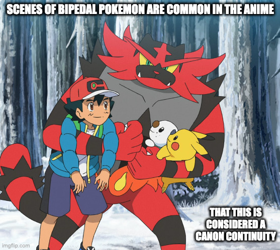 Incineroar Holding Ash | SCENES OF BIPEDAL POKEMON ARE COMMON IN THE ANIME; THAT THIS IS CONSIDERED A CANON CONTINUITY | image tagged in ash ketchum,pokemon,incineroar,memes | made w/ Imgflip meme maker