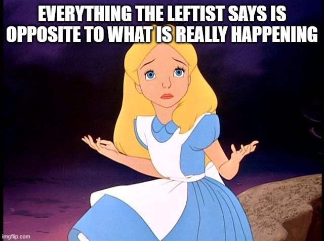 Alice in Wonderland | EVERYTHING THE LEFTIST SAYS IS OPPOSITE TO WHAT IS REALLY HAPPENING | image tagged in alice in wonderland | made w/ Imgflip meme maker