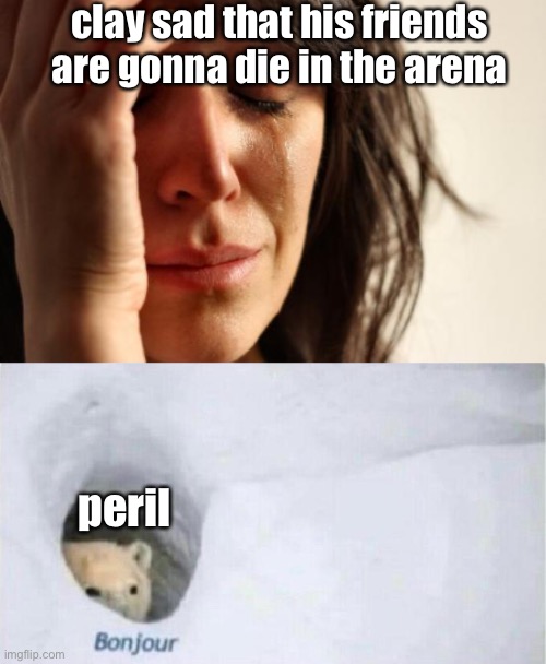 clay sad that his friends are gonna die in the arena; peril | image tagged in memes,first world problems,bonjour bear | made w/ Imgflip meme maker