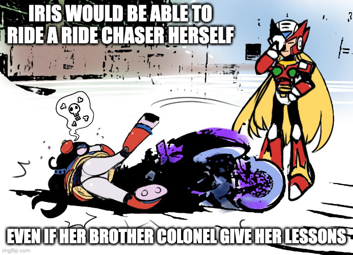 Iris Falling Off of a Ride Chaser | IRIS WOULD BE ABLE TO RIDE A RIDE CHASER HERSELF; EVEN IF HER BROTHER COLONEL GIVE HER LESSONS | image tagged in iris,zero,megaman x,megaman,memes | made w/ Imgflip meme maker