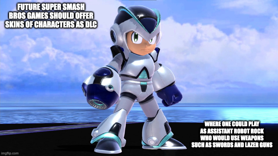 Super Smash Bros Mega Man Ocean Reef Light Armor Skin | FUTURE SUPER SMASH BROS GAMES SHOULD OFFER SKINS OF CHARACTERS AS DLC; WHERE ONE COULD PLAY AS ASSISTANT ROBOT ROCK WHO WOULD USE WEAPONS SUCH AS SWORDS AND LAZER GUNS | image tagged in gaming,megaman,super smash bros,memes | made w/ Imgflip meme maker
