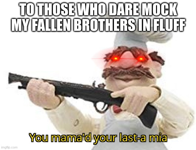 you guys have no shame. |  TO THOSE WHO DARE MOCK MY FALLEN BROTHERS IN FLUFF | image tagged in you just mamad your last mia | made w/ Imgflip meme maker
