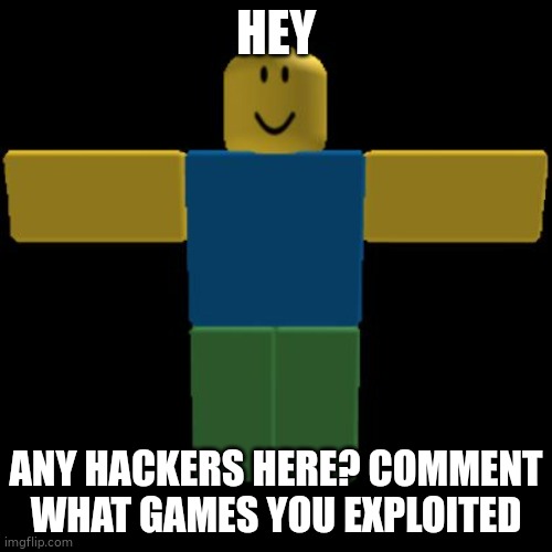 Roblox Noob T-posing | HEY; ANY HACKERS HERE? COMMENT WHAT GAMES YOU EXPLOITED | image tagged in roblox noob t-posing | made w/ Imgflip meme maker