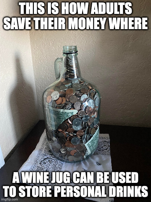 Wine Jug Filled With Money | THIS IS HOW ADULTS SAVE THEIR MONEY WHERE; A WINE JUG CAN BE USED TO STORE PERSONAL DRINKS | image tagged in money,memes | made w/ Imgflip meme maker