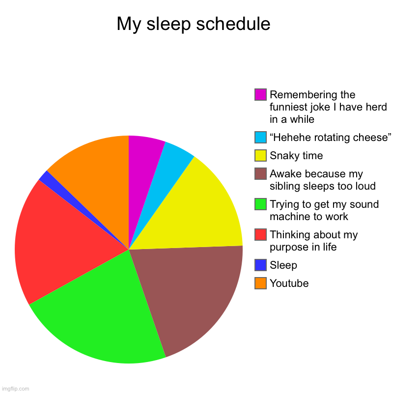 My sleep schedule | Youtube, Sleep, Thinking about my purpose in life, Trying to get my sound machine to work, Awake because my sibling slee | image tagged in charts,pie charts | made w/ Imgflip chart maker