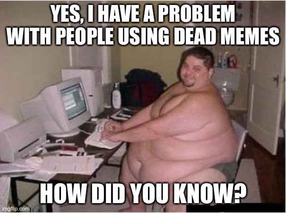 really fat guy on computer | YES, I HAVE A PROBLEM WITH PEOPLE USING DEAD MEMES; HOW DID YOU KNOW? | image tagged in really fat guy on computer,dead memes,dead meme | made w/ Imgflip meme maker