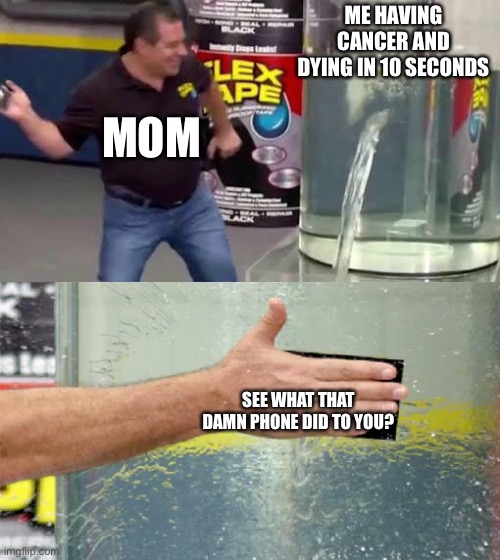 Flex Tape | ME HAVING CANCER AND DYING IN 10 SECONDS; MOM; SEE WHAT THAT DAMN PHONE DID TO YOU? | image tagged in flex tape | made w/ Imgflip meme maker