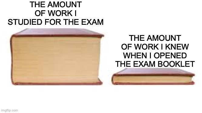 test anxiety really cuts the critical thinking of me... | THE AMOUNT OF WORK I STUDIED FOR THE EXAM; THE AMOUNT OF WORK I KNEW WHEN I OPENED THE EXAM BOOKLET | image tagged in big book small book,college,college life,exams,relatable,why | made w/ Imgflip meme maker