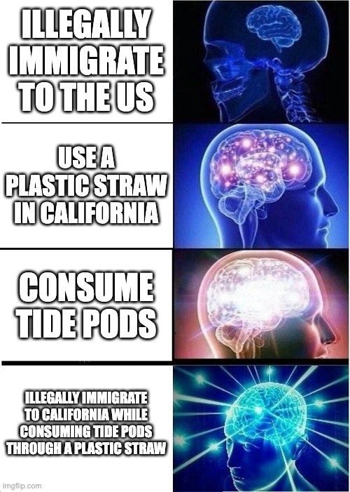 Expanding Brain | ILLEGALLY IMMIGRATE TO THE US; USE A PLASTIC STRAW IN CALIFORNIA; CONSUME TIDE PODS; ILLEGALLY IMMIGRATE TO CALIFORNIA WHILE CONSUMING TIDE PODS THROUGH A PLASTIC STRAW | image tagged in memes,expanding brain | made w/ Imgflip meme maker