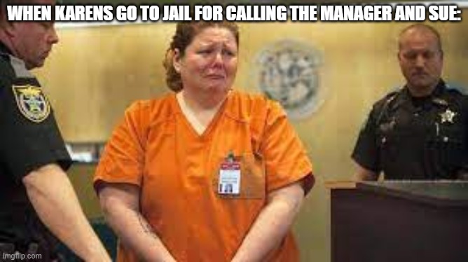 karens dont deserve life | WHEN KARENS GO TO JAIL FOR CALLING THE MANAGER AND SUE: | image tagged in karens,sucks | made w/ Imgflip meme maker