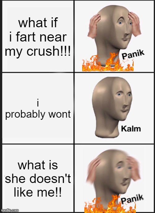 Panik Kalm Panik Meme | what if i fart near my crush!!! i probably wont; what is she doesn't like me!! | image tagged in memes,panik kalm panik | made w/ Imgflip meme maker