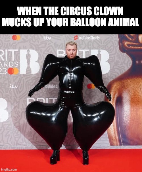 Sam Smith as a Balloon Animal | WHEN THE CIRCUS CLOWN MUCKS UP YOUR BALLOON ANIMAL | image tagged in sam smith brit awards 2023 | made w/ Imgflip meme maker