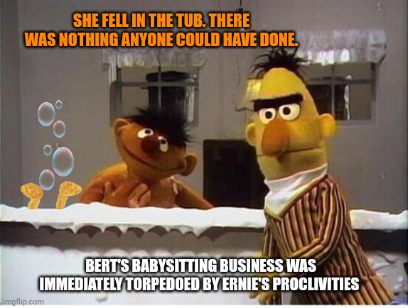 Sesame street lost episodes | SHE FELL IN THE TUB. THERE WAS NOTHING ANYONE COULD HAVE DONE. BERT'S BABYSITTING BUSINESS WAS IMMEDIATELY TORPEDOED BY ERNIE'S PROCLIVITIES | image tagged in sesame street,bert and ernie,babysitting,drowning | made w/ Imgflip meme maker