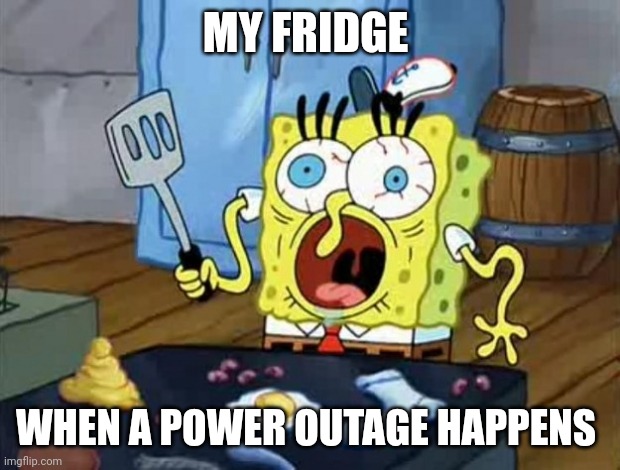 My fridge when a power outage happens | MY FRIDGE; WHEN A POWER OUTAGE HAPPENS | image tagged in crazy spongebob | made w/ Imgflip meme maker