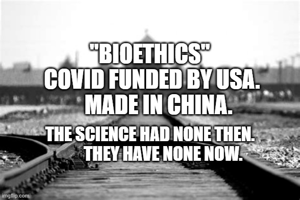 Holocaust | "BIOETHICS"  COVID FUNDED BY USA.     MADE IN CHINA. THE SCIENCE HAD NONE THEN.          THEY HAVE NONE NOW. | image tagged in holocaust | made w/ Imgflip meme maker