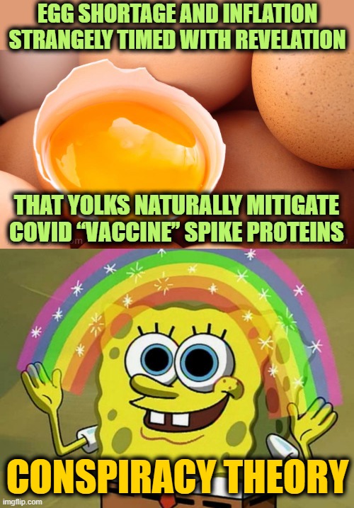 EGG SHORTAGE AND INFLATION STRANGELY TIMED WITH REVELATION CONSPIRACY THEORY THAT YOLKS NATURALLY MITIGATE COVID “VACCINE” SPIKE PROTEINS | image tagged in memes,imagination spongebob | made w/ Imgflip meme maker