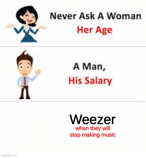 You don't know how much work i didn't do to make this | Weezer; when they will stop making music | image tagged in never ask a woman her age | made w/ Imgflip meme maker