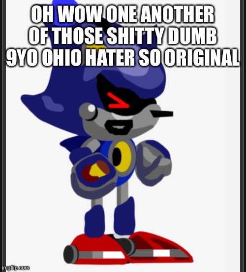 OH WOW ONE ANOTHER OF THOSE SHITTY DUMB 9YO OHIO HATER SO ORIGINAL | image tagged in metal sonic doll laughing | made w/ Imgflip meme maker