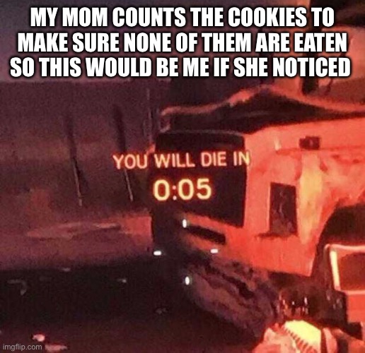 You will die in 0:05 | MY MOM COUNTS THE COOKIES TO MAKE SURE NONE OF THEM ARE EATEN SO THIS WOULD BE ME IF SHE NOTICED | image tagged in you will die in 0 05 | made w/ Imgflip meme maker