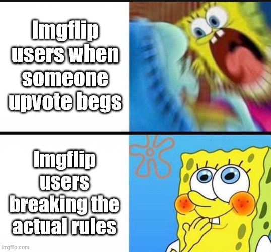 Y tho | Imgflip users when someone upvote begs; Imgflip users breaking the actual rules | image tagged in spongebob yelling,spongebob | made w/ Imgflip meme maker