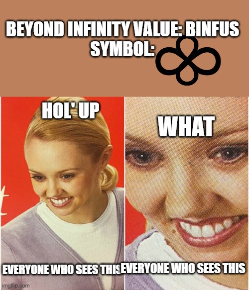 WAIT WHAT? | BEYOND INFINITY VALUE: BINFUS
SYMBOL:; HOL' UP; WHAT; EVERYONE WHO SEES THIS; EVERYONE WHO SEES THIS | image tagged in wait what | made w/ Imgflip meme maker