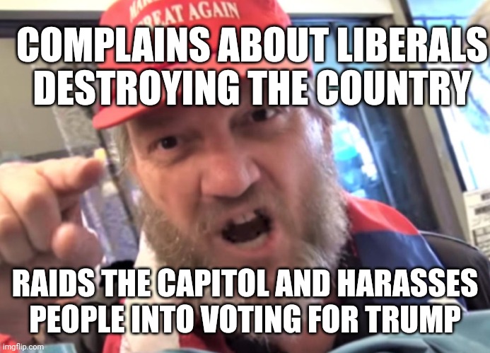 MAGA needs to chill: | COMPLAINS ABOUT LIBERALS DESTROYING THE COUNTRY; RAIDS THE CAPITOL AND HARASSES PEOPLE INTO VOTING FOR TRUMP | image tagged in angry trumper maga white supremacist,maga,angry,conservative hypocrisy | made w/ Imgflip meme maker