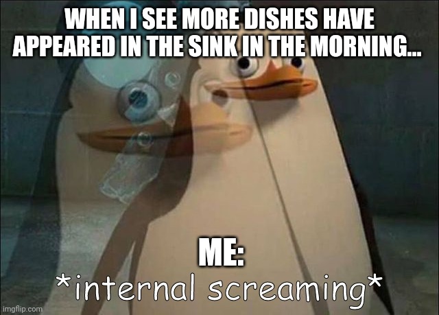 I HATE dishes!!! | WHEN I SEE MORE DISHES HAVE APPEARED IN THE SINK IN THE MORNING... ME: | image tagged in private internal screaming | made w/ Imgflip meme maker