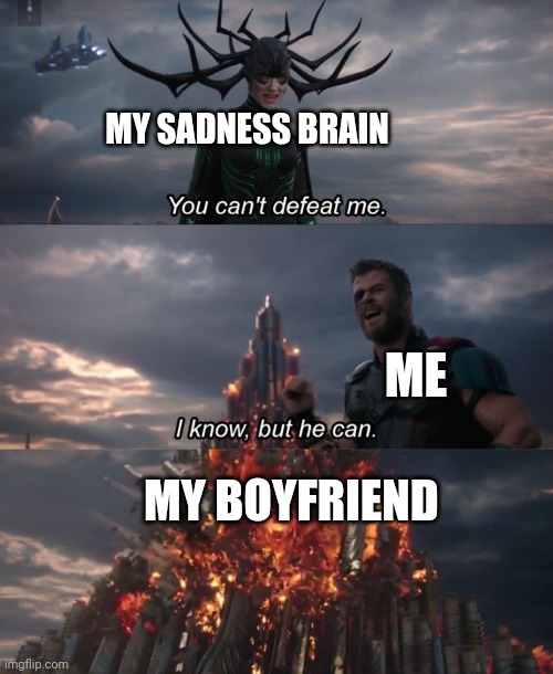 When my boyfriend cheers me up | MY SADNESS BRAIN; ME; MY BOYFRIEND | image tagged in you can't defeat me | made w/ Imgflip meme maker