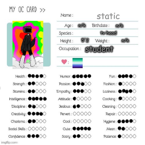 static oc card (n/k means not known) | static; n/k; n/k; tv head; 5'2; n/k; student | image tagged in oc card not made by me,drawing,static | made w/ Imgflip meme maker