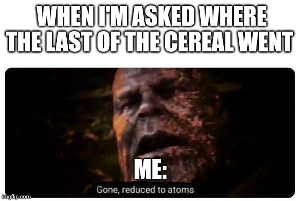 When you eat all the cereal but still have to come up with an explanation | WHEN I'M ASKED WHERE THE LAST OF THE CEREAL WENT; ME: | image tagged in gone reduced to atoms | made w/ Imgflip meme maker