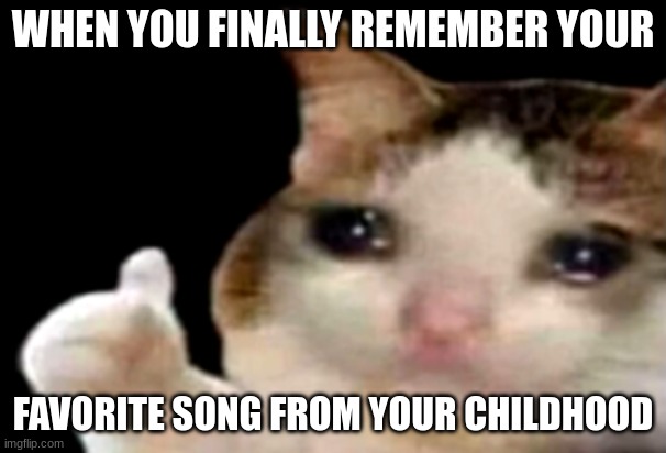 Do you Agree? | WHEN YOU FINALLY REMEMBER YOUR; FAVORITE SONG FROM YOUR CHILDHOOD | image tagged in sad cat thumbs up | made w/ Imgflip meme maker