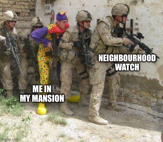 Army clown | NEIGHBOURHOOD WATCH ME IN MY MANSION | image tagged in army clown | made w/ Imgflip meme maker