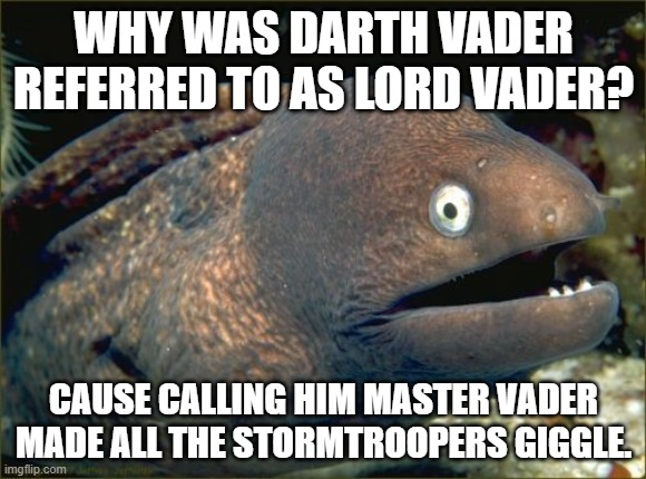 A little joke/ pun STAR WARS | WHY WAS DARTH VADER REFERRED TO AS LORD VADER? CAUSE CALLING HIM MASTER VADER MADE ALL THE STORMTROOPERS GIGGLE. | image tagged in memes,bad joke eel,star wars,darth vader,funny memes,bad joke | made w/ Imgflip meme maker
