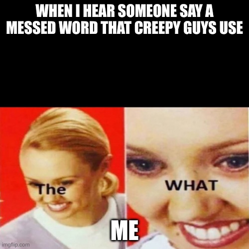 The What | WHEN I HEAR SOMEONE SAY A MESSED WORD THAT CREEPY GUYS USE; ME | image tagged in the what | made w/ Imgflip meme maker